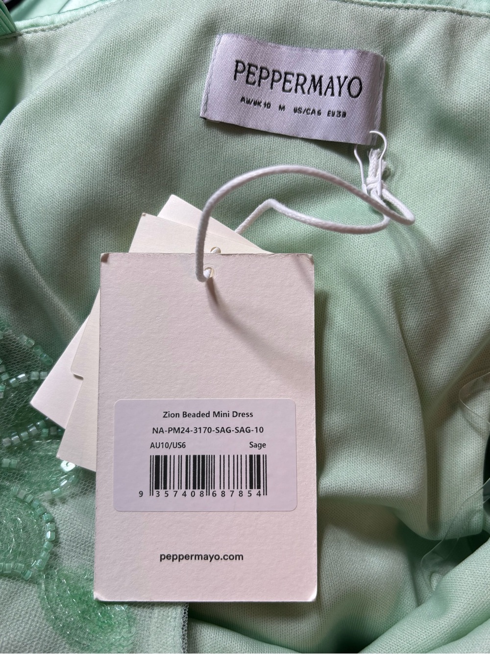 NWT New Peppermayo Zion Beaded Mini Slip Cami Dress Sage Mint Green Satin Sz 6 - Picture 13 of 14